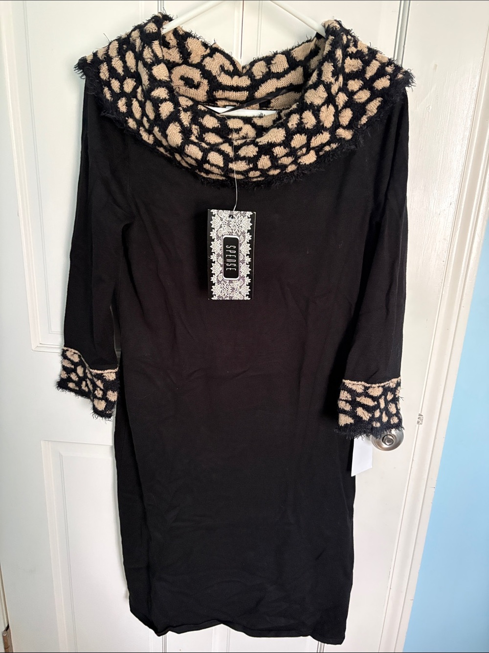 Spense Black Cowl Neck Sweater Dress with Cream Leopard Trim